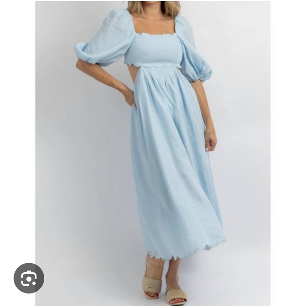 Mable Light Blue Puff Sleeve Midi Dress Large L